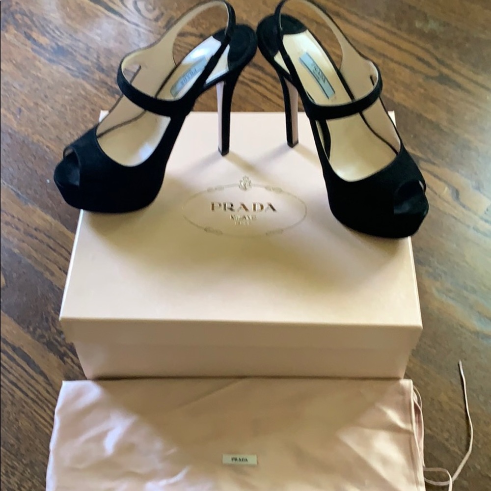 Prada suede peep toe platforms